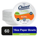 Stack of white Chinet Classic compostable paper bowls with a close-up of branded package label showing 16 oz