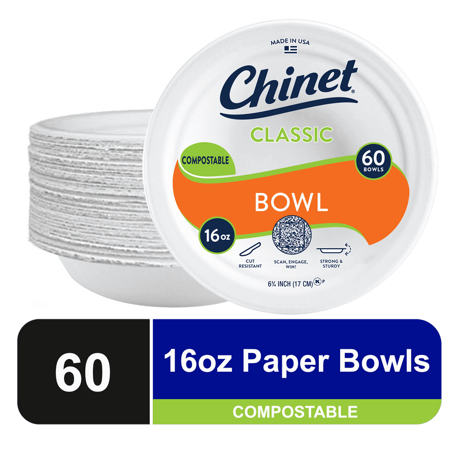 Stack of white Chinet Classic compostable paper bowls with a close-up of branded package label showing 16 oz