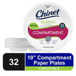 Top-down packaged Chinet Classic compostable compartment paper plates pack with branding and '32' badge on white background.