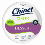 Top-down view of Chinet Classic dessert plate packaging with purple banner and 'Dessert' label
