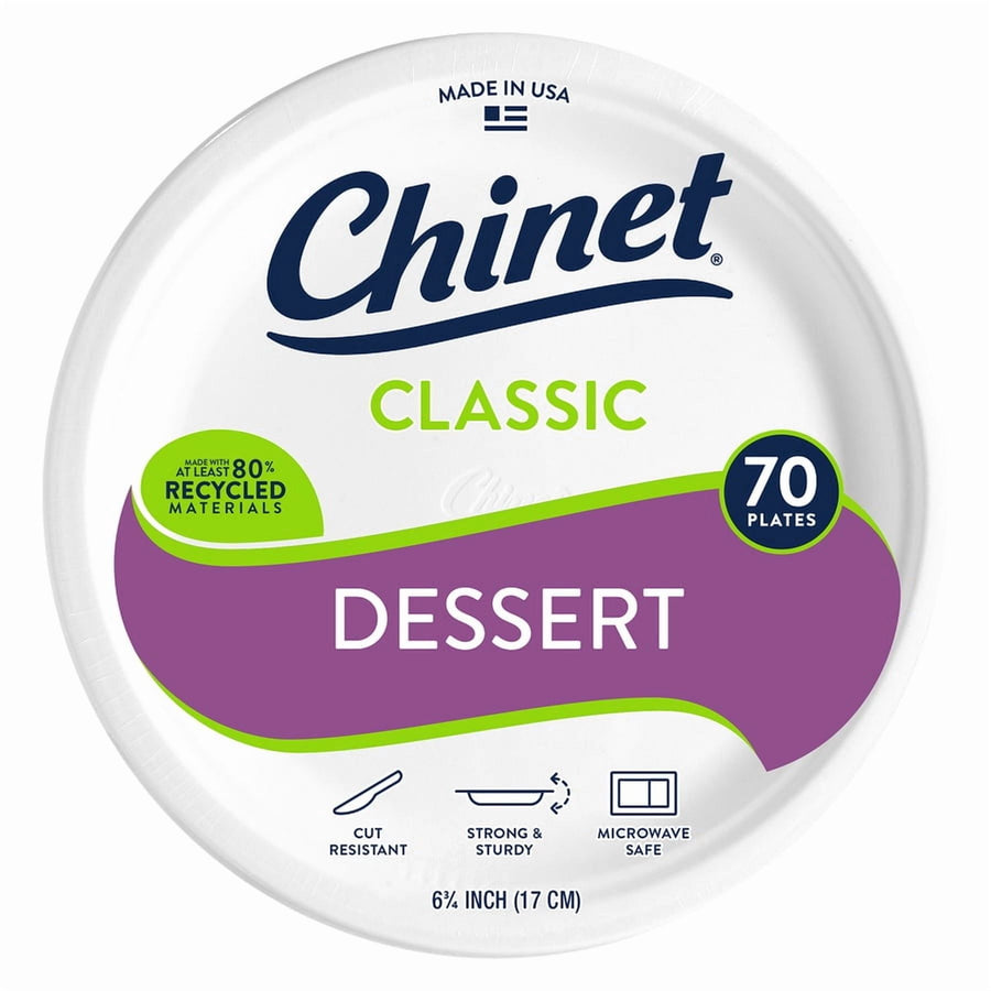 Top-down view of Chinet Classic dessert plate packaging with purple banner and 'Dessert' label