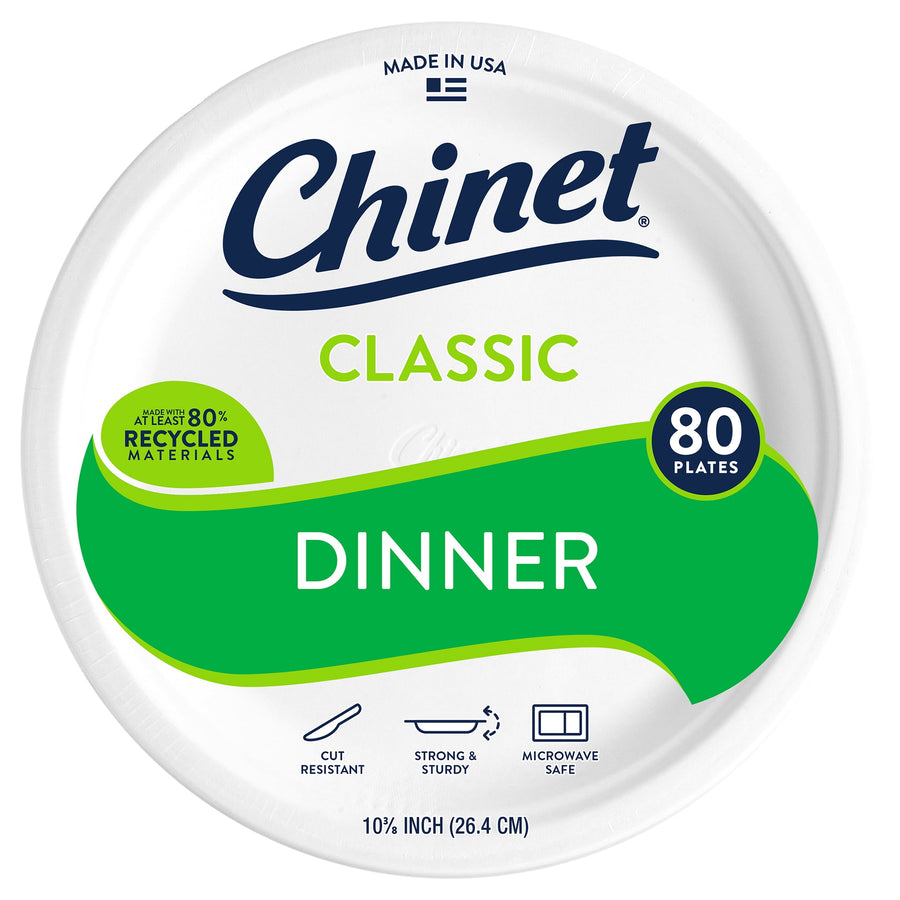 Chinet Classic round white dinner plate front label showing brand name, green graphic and icons denoting features