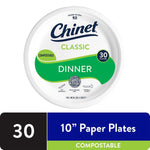 Top-down packaging image of a Chinet Classic white dinner plate package showing compostable label and 30-count badge.