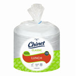 Wrapped roll of Chinet Classic lunch paper plates with circular front label showing brand and 'Lunch' text