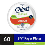 Top-down product shot of a Chinet Classic lunch paper plate package label showing compostable badge and 60-count callout.