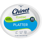 Close-up front label of Chinet Classic platter package showing 'PLATTER' in blue with '30 platters' badge and compostable claim