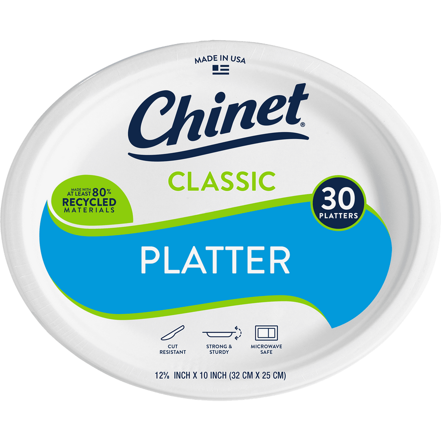 Close-up front label of Chinet Classic platter package showing 'PLATTER' in blue with '30 platters' badge and compostable claim