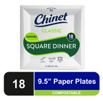 Front-facing Chinet Classic square white dinner plate package showing branding, compostable badge and '18 plates' callout.