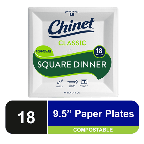 Front-facing Chinet Classic square white dinner plate package showing branding, compostable badge and '18 plates' callout.