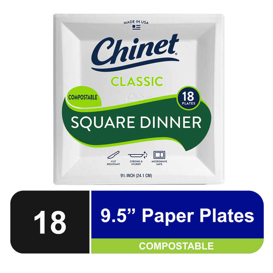 Front-facing Chinet Classic square white dinner plate package showing branding, compostable badge and '18 plates' callout.