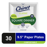 Front-facing Chinet Classic square dinner plate packaging label showing brand, "Square Dinner" text and compostable callout
