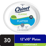 Top-down view of Chinet Classic white compostable platter package label with blue accent and '30 platters' badge