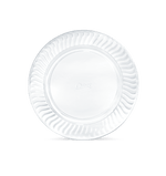 Top-down view of a single Chinet Crystal clear 10-inch plastic dinner plate with embossed Chinet logo.