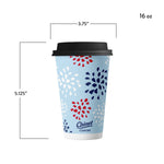 Single Chinet Comfort 16oz paper cup with lid and measurement callouts showing dimensions