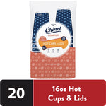 Single Chinet Comfort package for 16 oz hot cups and lids with branded label graphics.