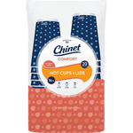 Close-up package of Chinet Comfort hot cups & lids showing branded label, 16 oz size callout and a 20-count badge on patterned packaging.