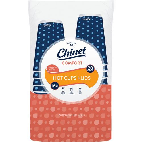 Close-up package of Chinet Comfort hot cups & lids showing branded label, 16 oz size callout and a 20-count badge on patterned packaging.