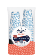Close-up front view of Chinet Comfort pack of insulated cups and lids with floral cup pattern visible.