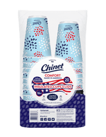 Clear package of Chinet Comfort insulated 16oz patriotic paper cups showing label and pattern
