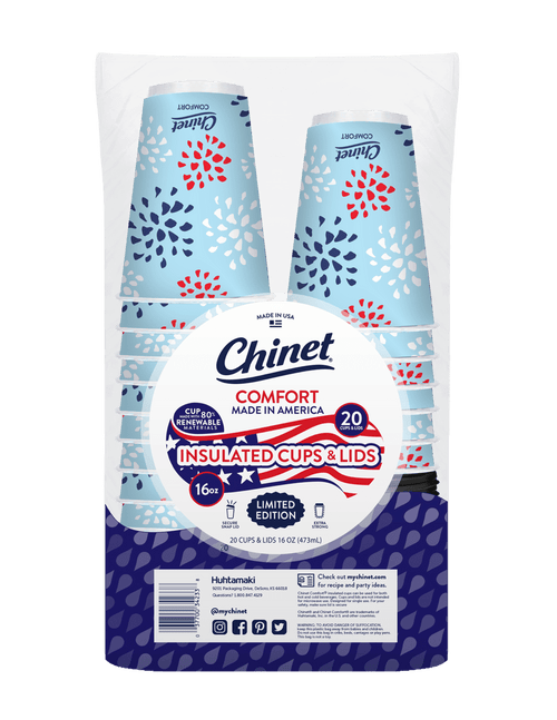 Clear package of Chinet Comfort insulated 16oz patriotic paper cups showing label and pattern