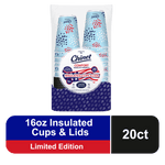 Packaged Chinet Comfort insulated 16oz patriotic paper cups and lids with label