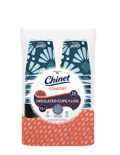 Front-facing retail bag of Chinet Comfort insulated cups and lids showing blue floral cup graphics and product label