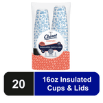 Single pack of Chinet Comfort insulated 16oz cups and lids with coral patterned lower label and product badge.