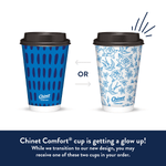 Two Chinet Comfort disposable hot cups showing old and new blue pattern designs with lids