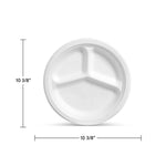 White Chinet three-compartment plate on a white background with dimension lines indicating 10 3/8" diameter.