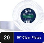 Packaged Chinet Crystal 10-inch clear dinner plates with branded circular label showing product name and count.