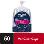Clear plastic Chinet Crystal cups in original bag packaging with circular navy and magenta label