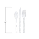 Three clear plastic utensils - a spoon, knife and fork - standing upright with a 7.5" height marker on white background