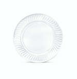 Single clear Chinet Crystal 7-inch plastic dessert plate photographed on white background with embossed logo