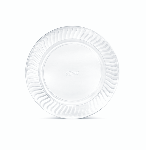 Single clear Chinet Crystal 7-inch plastic dessert plate photographed on white background with embossed logo