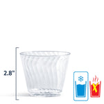 Clear textured disposable cup on white background with 2.8" height measurement and cold-drink-safe iconography