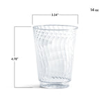 Single Chinet Crystal clear plastic cup on white background with dimensions labeled for 14 oz capacity