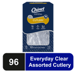 Boxed Chinet Crystal clear plastic cutlery package showing window with utensils and branded navy packaging