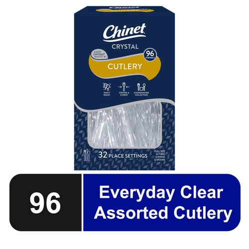 Boxed Chinet Crystal clear plastic cutlery package showing window with utensils and branded navy packaging