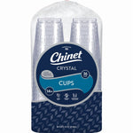 Close-up of Chinet Crystal clear plastic cups in a clear plastic bag with round navy product label