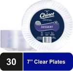 Packaged clear Chinet Crystal dessert plates with navy label showing brand and ‘Dessert’ in center