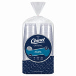 Front view of Chinet Crystal clear plastic cups in sealed packaging with prominent navy label and branding