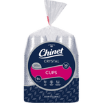 Close-up of a sealed Chinet Crystal package of clear disposable cups showing branded navy and pink front label