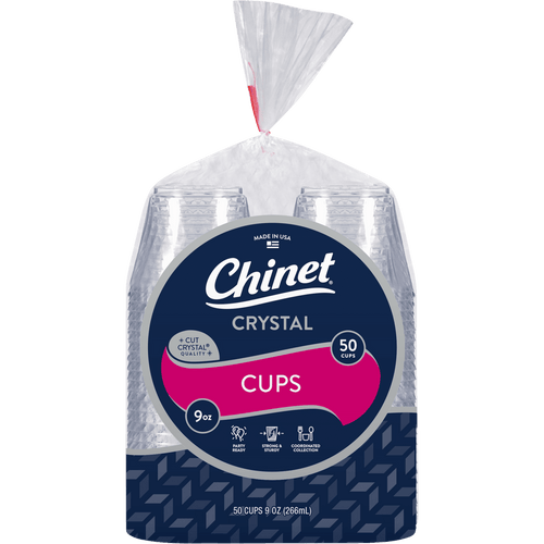 Close-up of a sealed Chinet Crystal package of clear disposable cups showing branded navy and pink front label