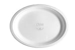 Single white oval Chinet platter on a white background with embossed Chinet logo in the center