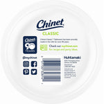 Back of a Chinet Classic paper plate showing brand logo, barcode and company contact icons and text