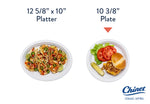 Graphic comparison showing a 10 3/8" Chinet plate with burger and a larger platter with tacos, labeled sizes.