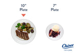 Informational image comparing a 10-inch Chinet Crystal plate with food to a smaller 7-inch plate, with Chinet logo.