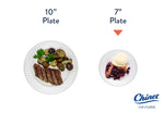 Comparison graphic showing a 10-inch plate with meal and a 7-inch dessert plate with pie and ice cream, Chinet logo