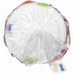 Top view of a clear plastic-wrapped pack of white Chinet plates showing the tied bag closure