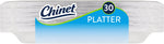 Side view of stacked Chinet platter package showing edge of white platters and blue label with '30 PLATTER' badge